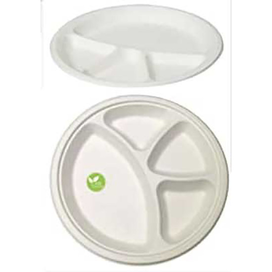 BAGASSE 12 INCHES 4 COMPARTMENT ROUND PLATE PACK OF 50